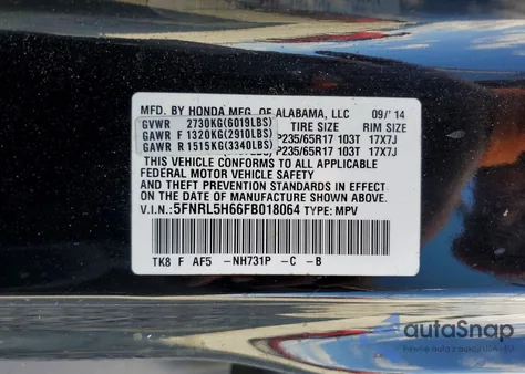 2015 Honda Odyssey Exl z USA, uszkodzony, nr VIN 5FNRL5H66FB018064